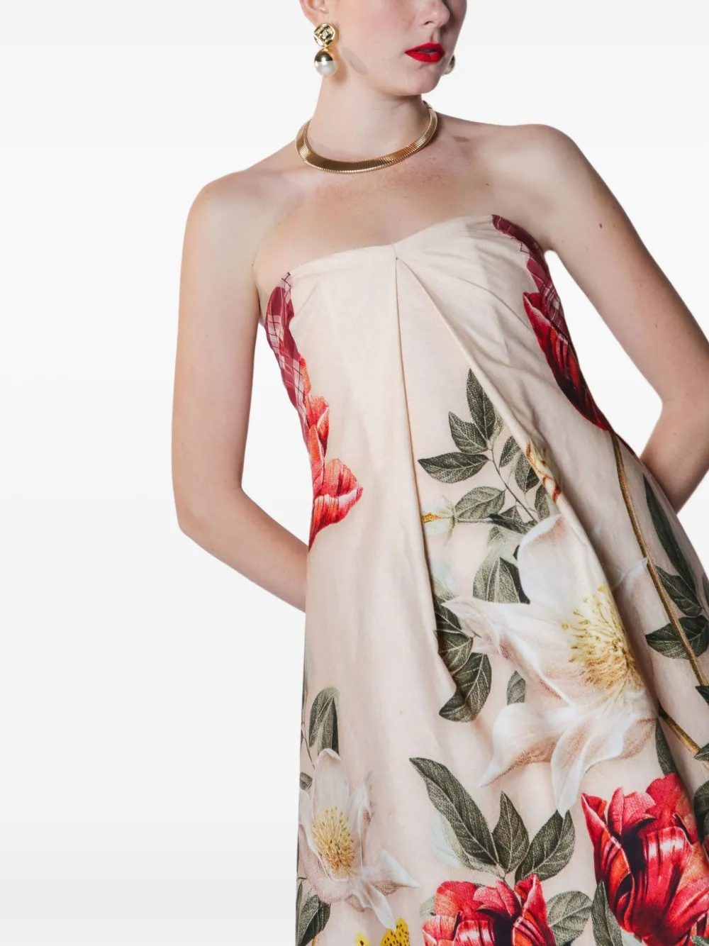 Lethicia Bronstein Marigold strapless maxi-jurk met print Beige