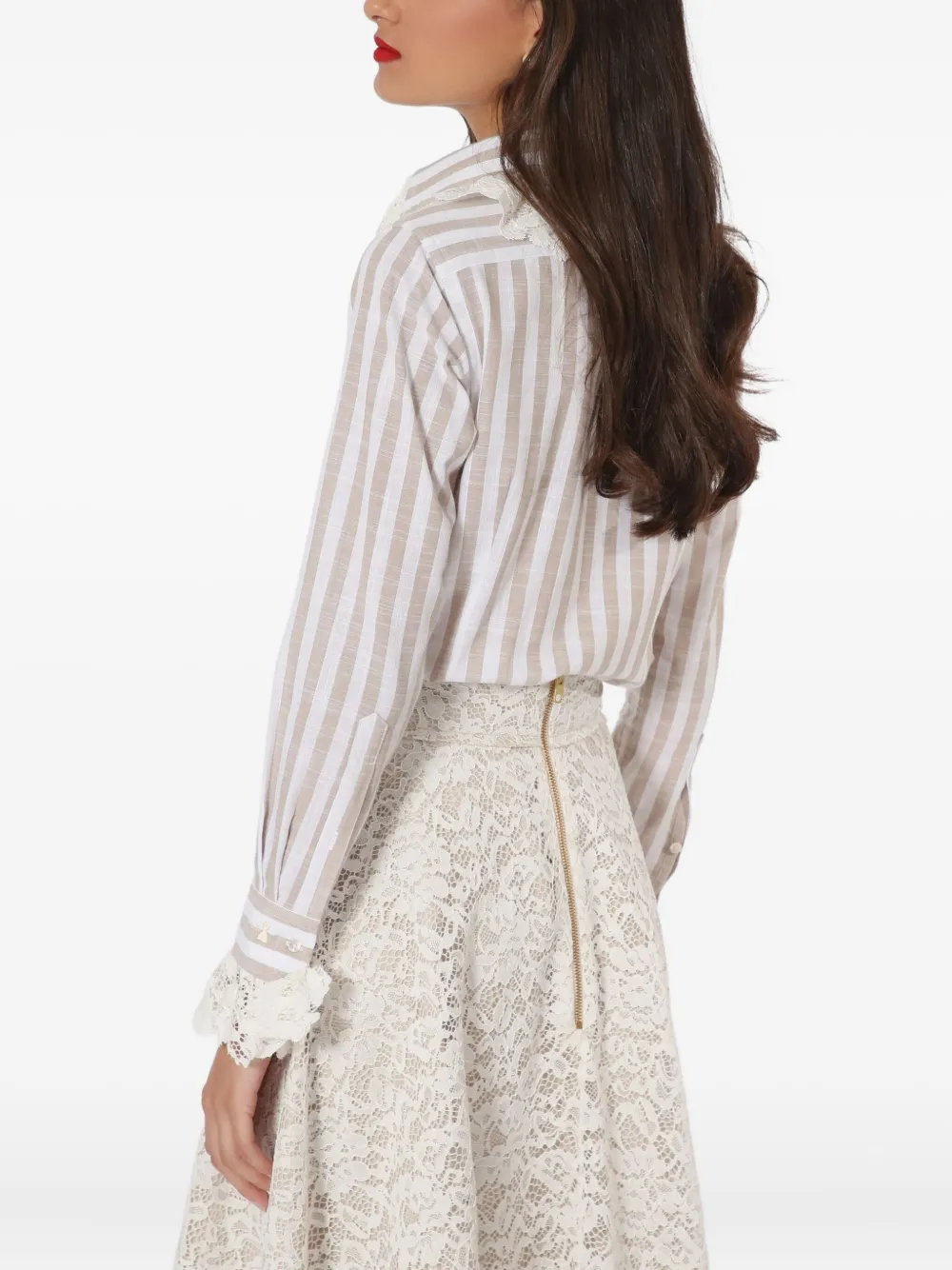 Lethicia Bronstein striped lace-trimmed shirt Beige