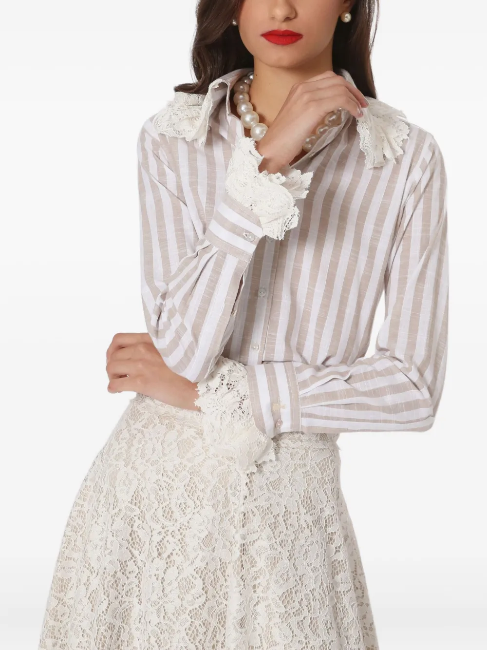 Lethicia Bronstein striped lace-trimmed shirt Beige