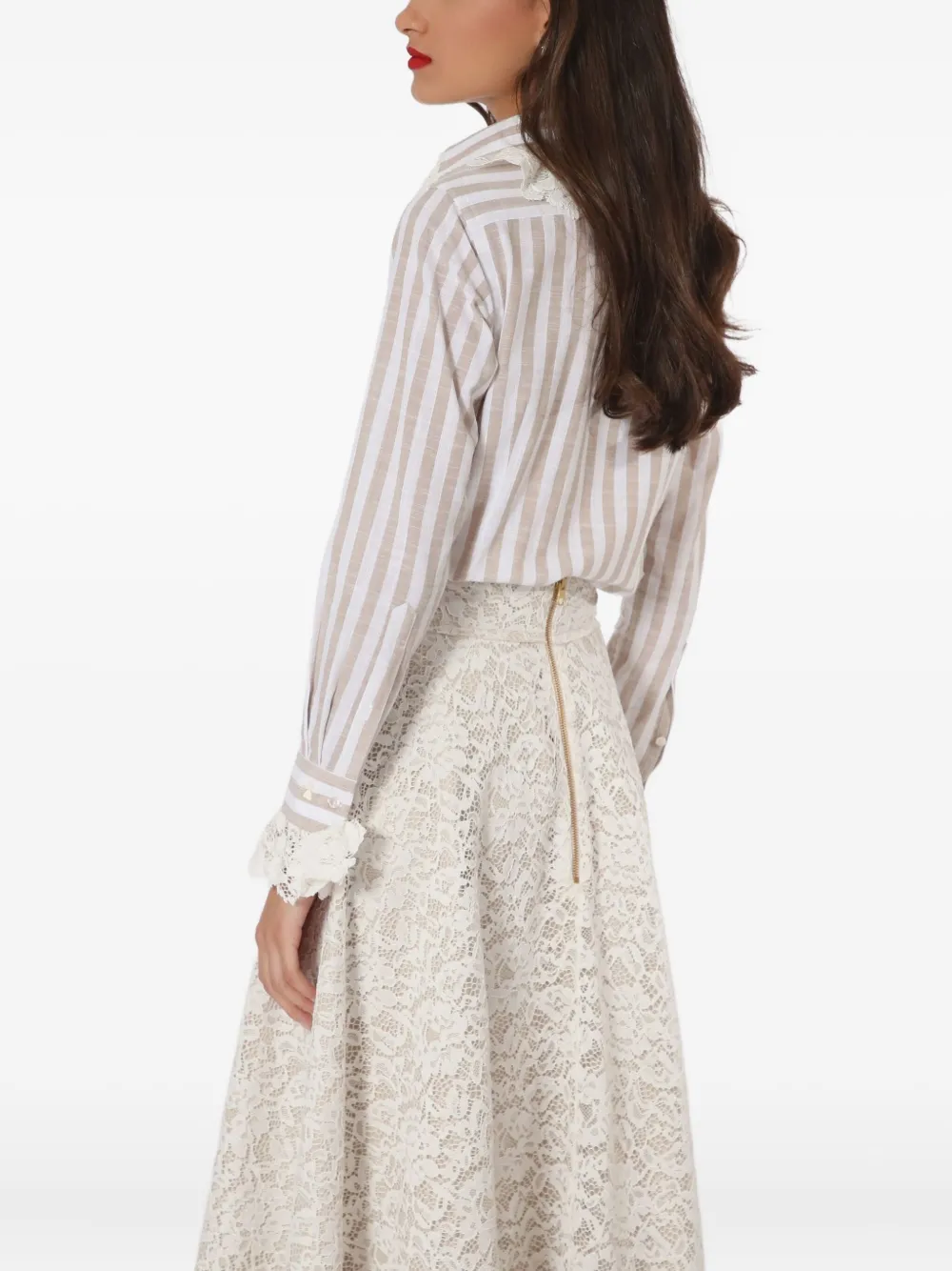 Lethicia Bronstein striped lace-trimmed shirt Beige