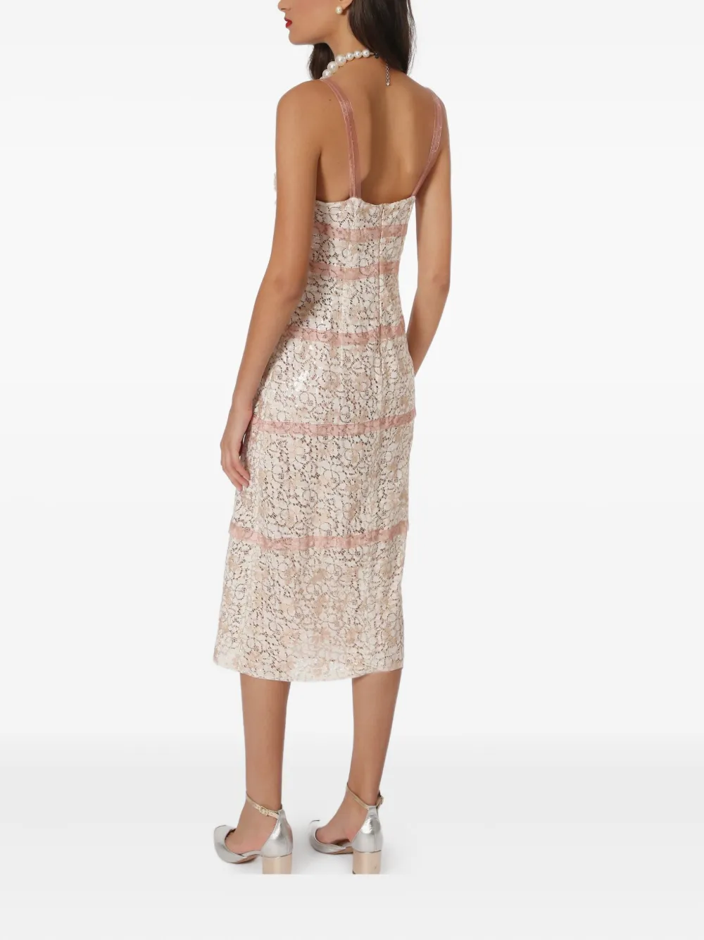 Lethicia Bronstein Melissa lace-panelled embellished midi dress Beige
