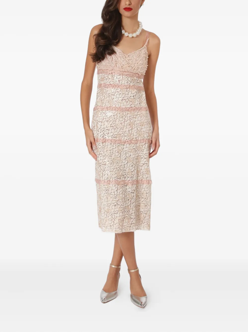Lethicia Bronstein Melissa lace-panelled embellished midi dress Beige