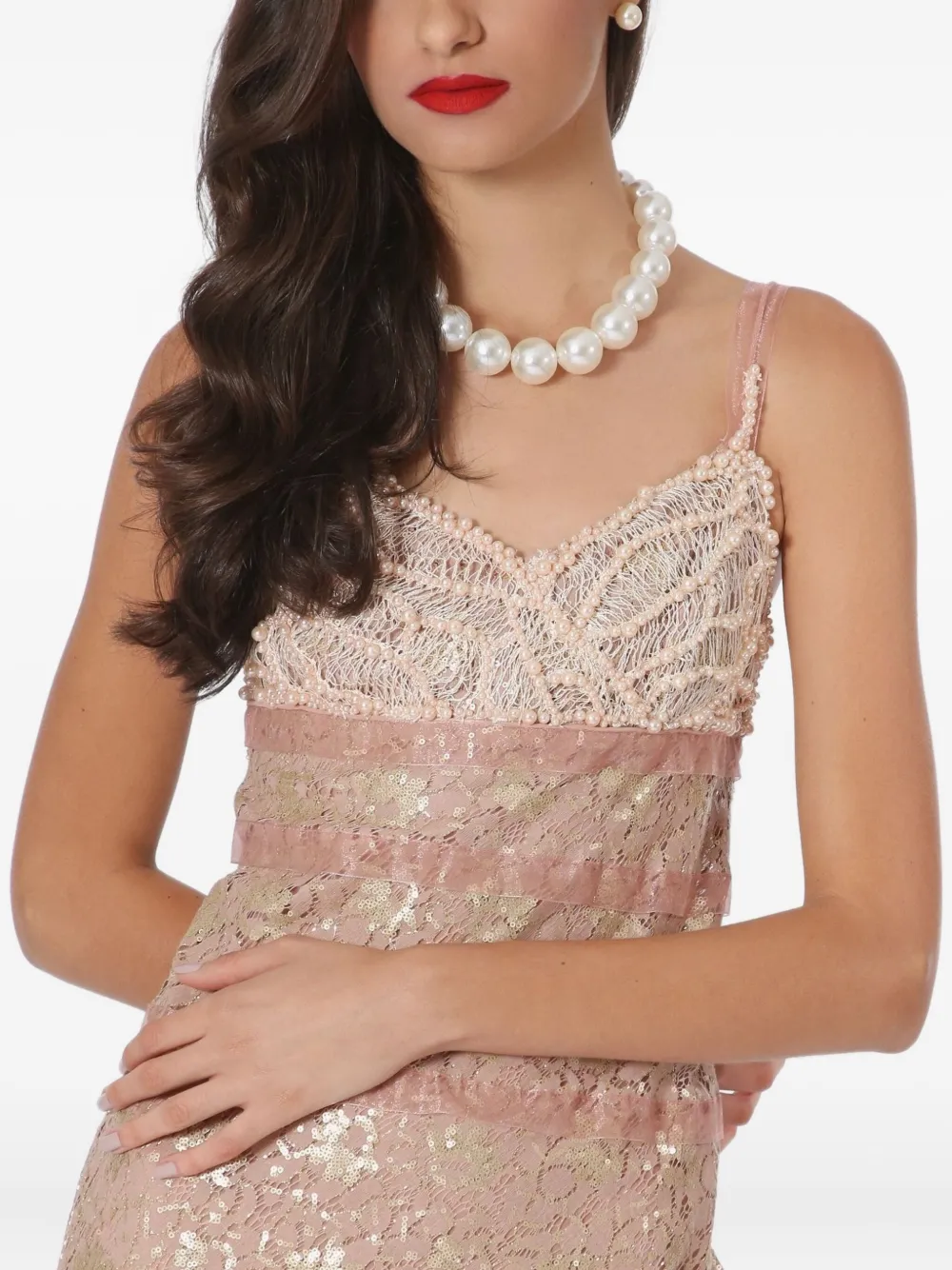Lethicia Bronstein Midi-jurk verfraaid met parels en kant Roze