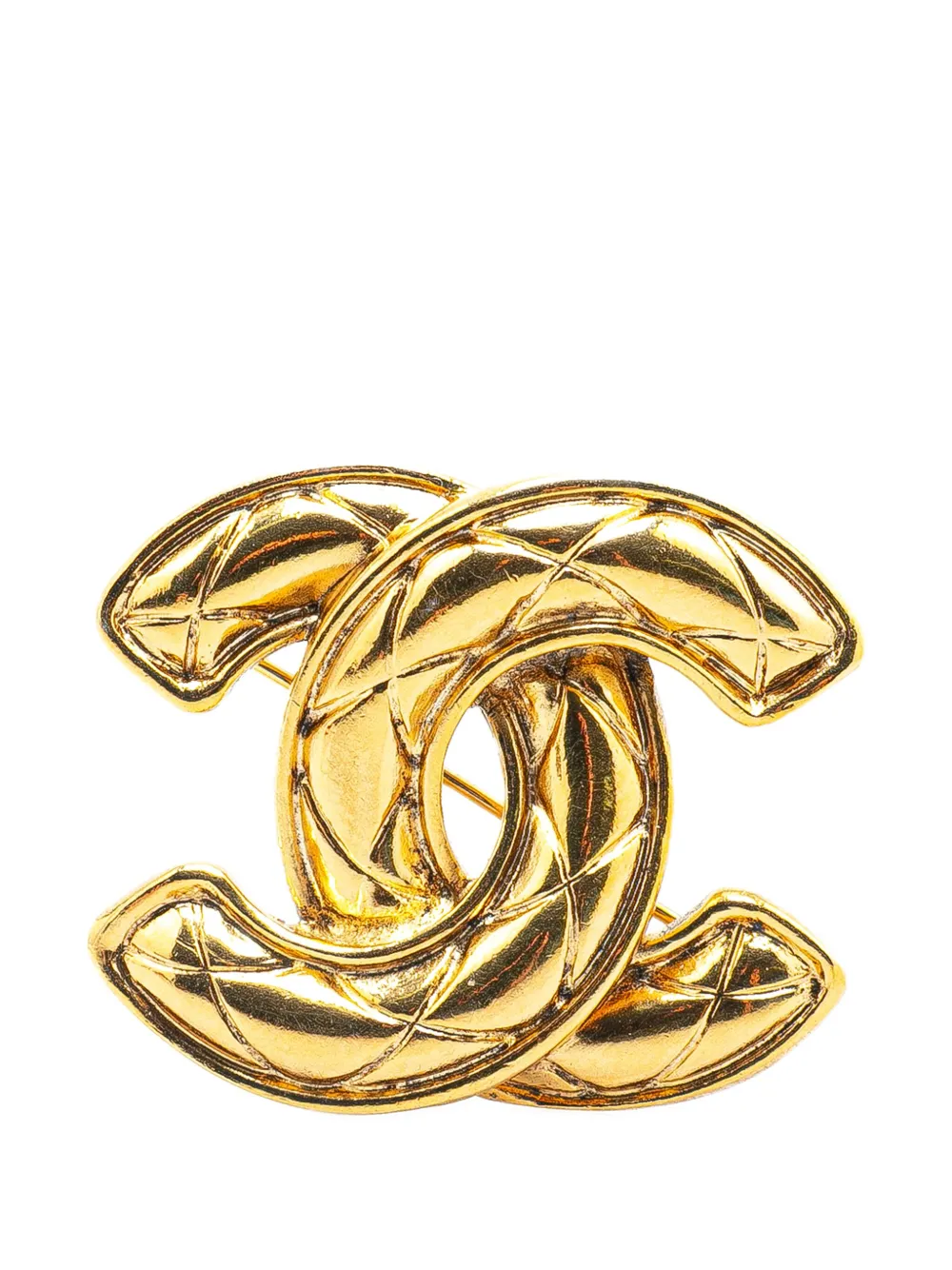 Pre-owned Chanel 1970-1980 Gold Plated Cc Quilted Brooch Costume Brooch