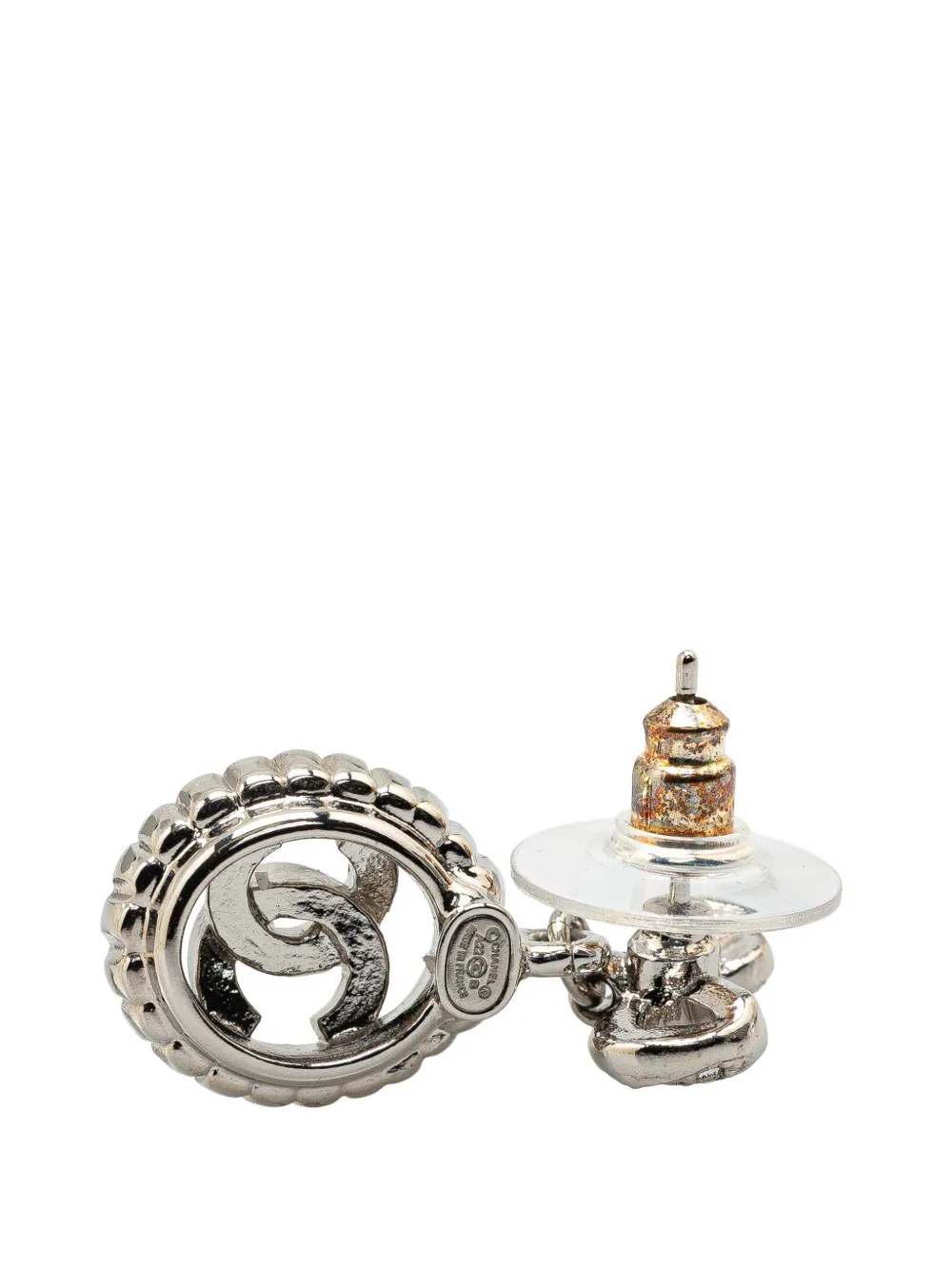Pre-owned Chanel 2022 Silver Cc Rhinestones Push Back Earrings Costume Earrings