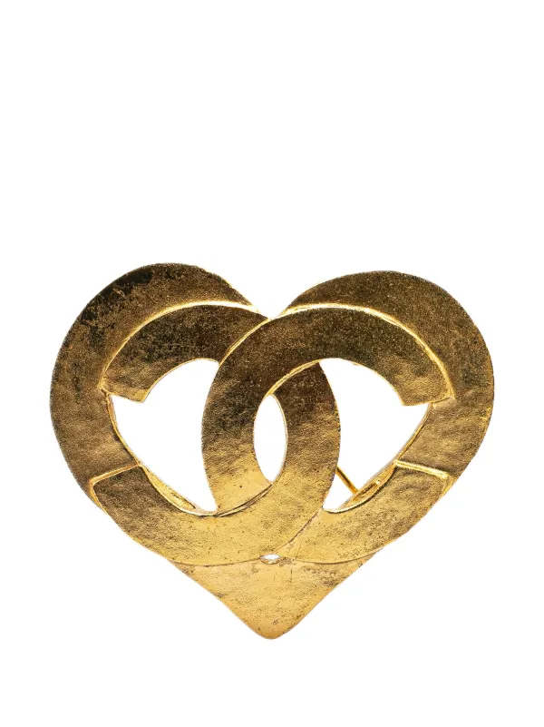 CHANEL Pre-Owned 1995 Gold Plated CC Heart Brooch Costume