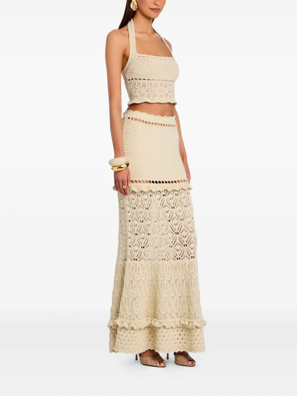 Retroféte Magdalena Crochet Ruffled Maxi Skirt In Gold