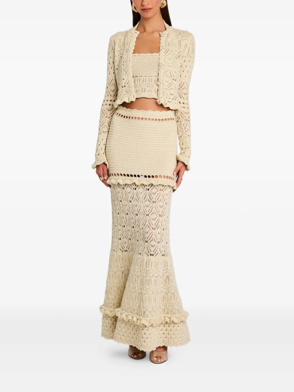 Retrofete Magdalena gehaakte maxi-rok met ruches - Beige