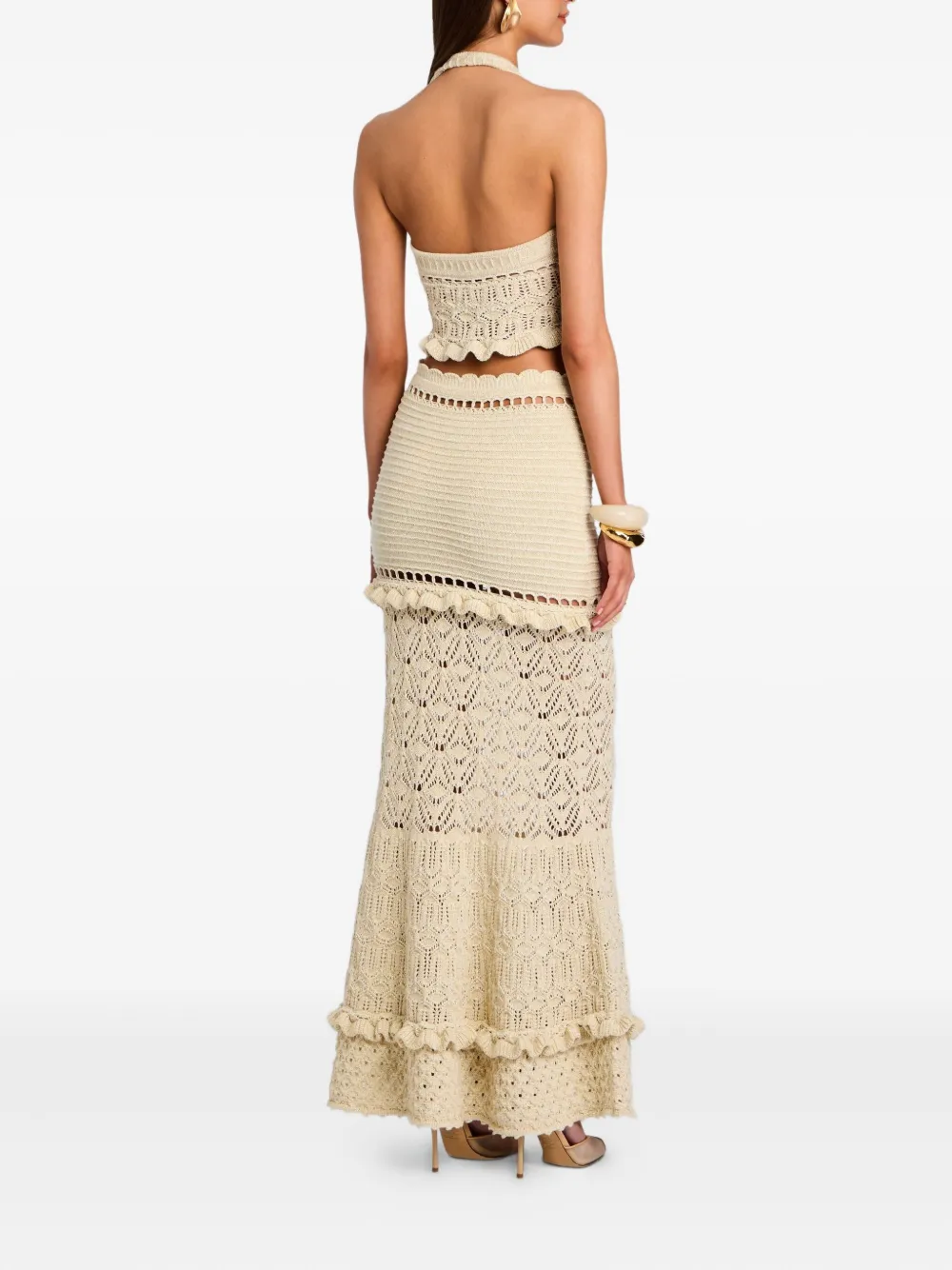 Retroféte Magdalena Crochet Ruffled Maxi Skirt In Gold