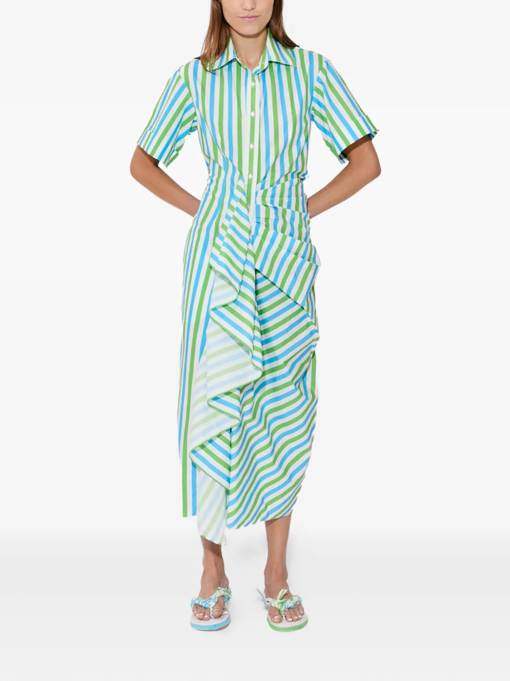 Rosie Assoulin Gestreepte midi-blousejurk met ruches Blauw
