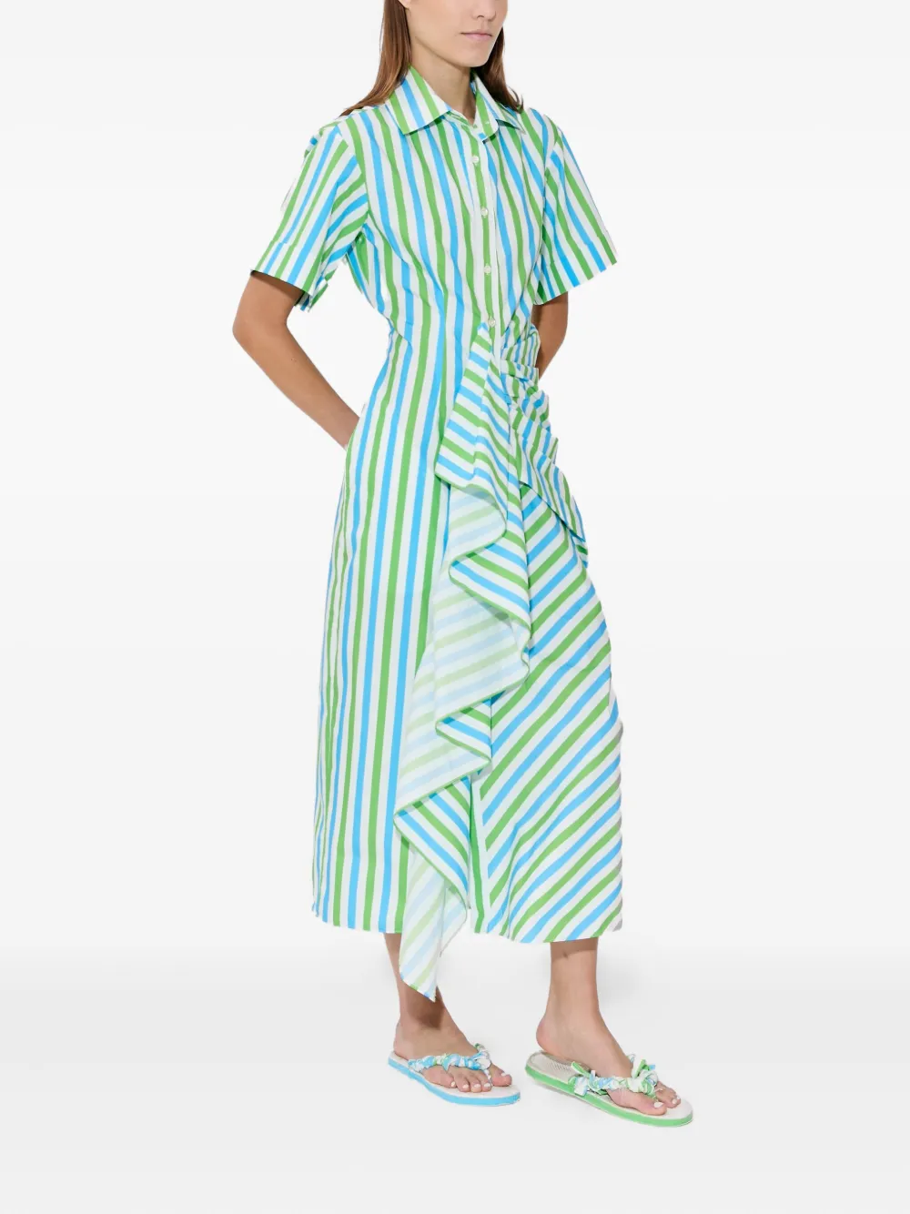 Rosie Assoulin Gestreepte midi-blousejurk met ruches Blauw