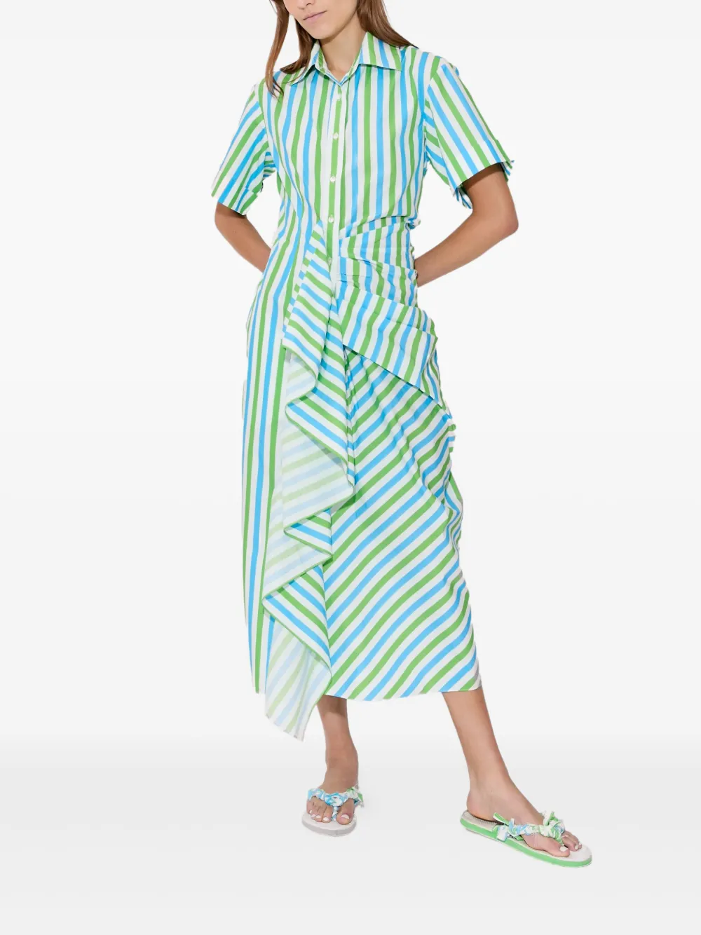Rosie Assoulin Gestreepte midi-blousejurk met ruches Blauw