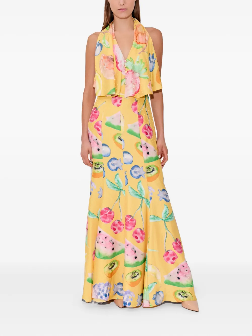 Rosie Assoulin Maxi-jurk met halternek en print Geel