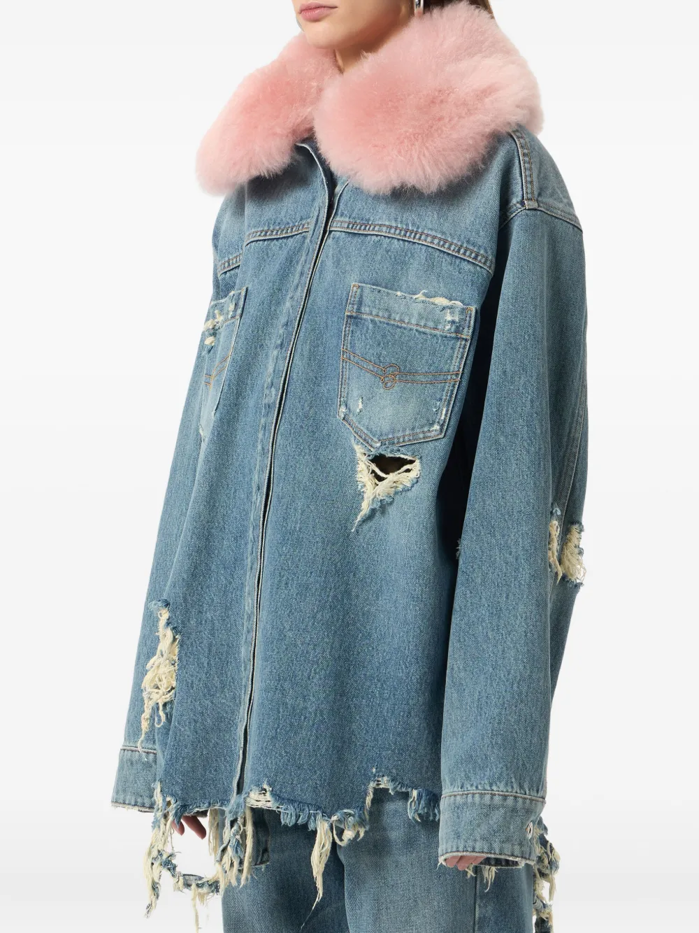 Blumarine Distressed Denim Jacket In Blue
