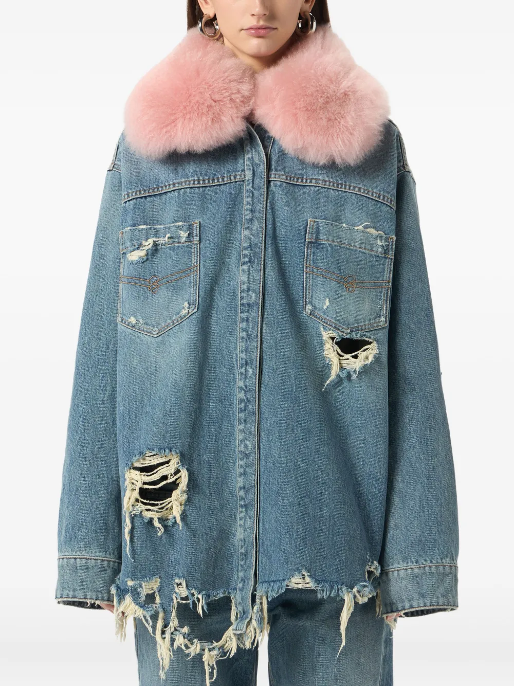 Blumarine Distressed Denim Jacket In Blue