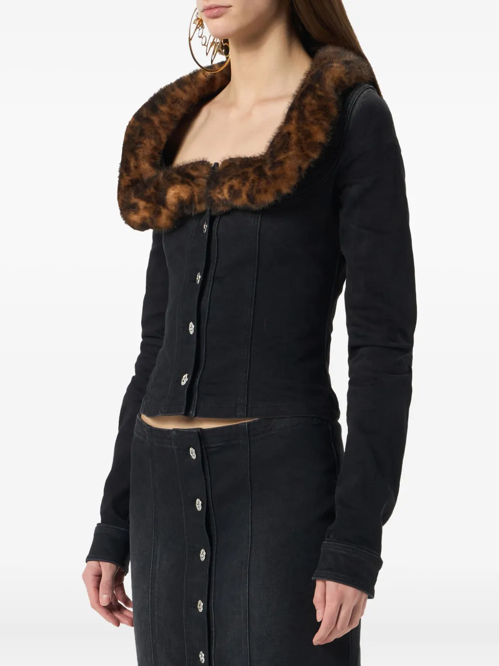 Blumarine Faux-fur Collar Denim Jacket In Black