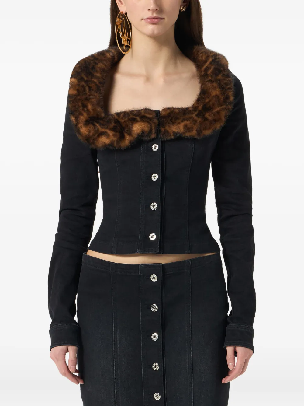 Blumarine Faux-fur Collar Denim Jacket In Black