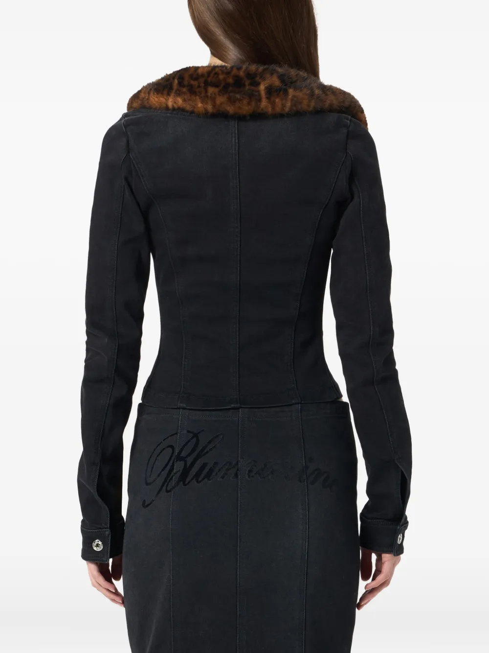 Blumarine Faux-fur Collar Denim Jacket In Black