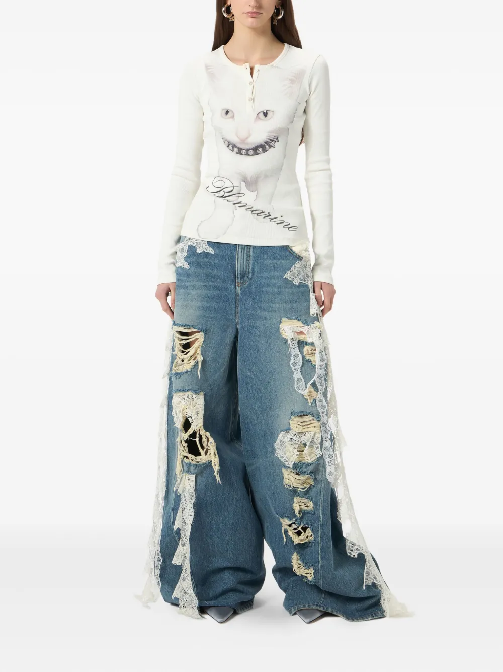 Blumarine Jeans met gerafeld effect en kant - Blauw
