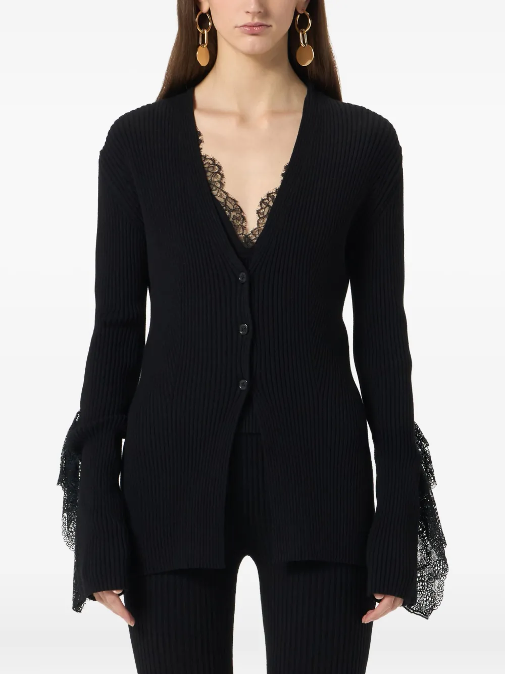 Blumarine Geribbeld vest met afwerking van kant Zwart