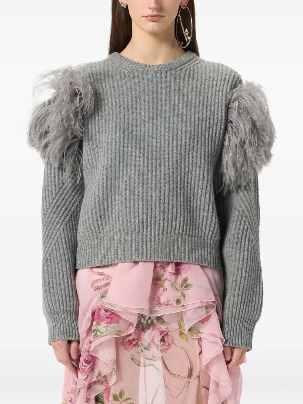 Blumarine Feather-embellished Ribbed Sweater In Gray