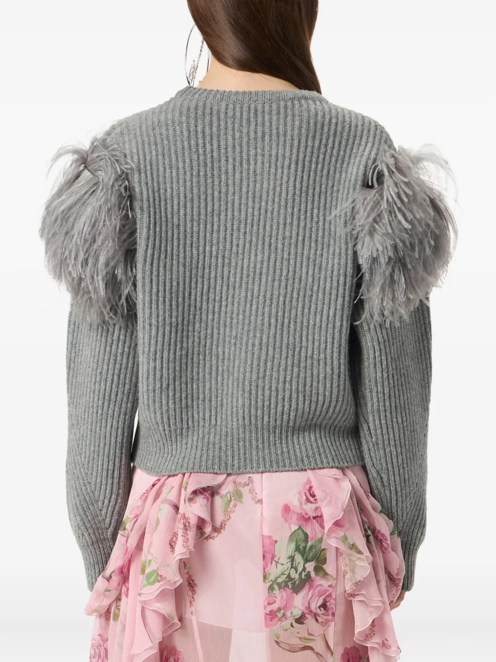 Blumarine Feather-embellished Ribbed Sweater In Gray