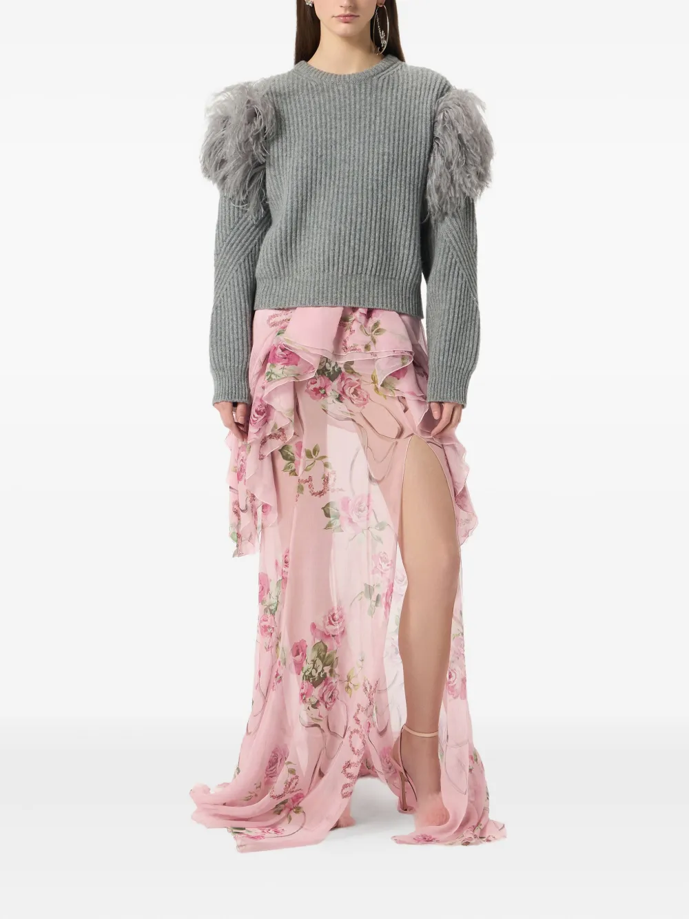 Blumarine Feather-embellished Ribbed Sweater In Gray