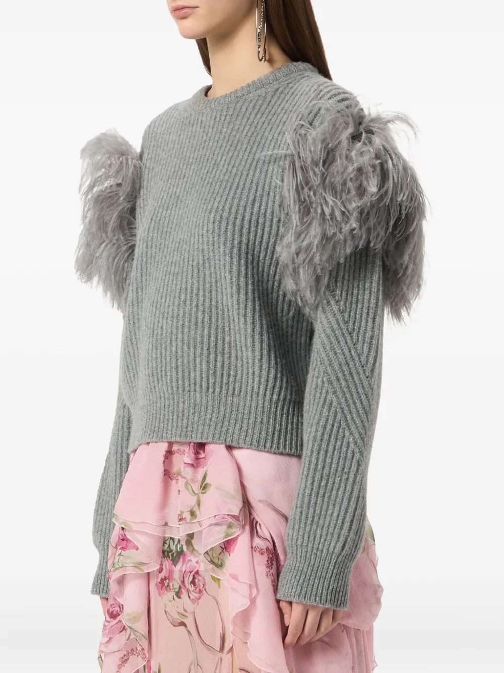 Blumarine Feather-embellished Ribbed Sweater In Gray