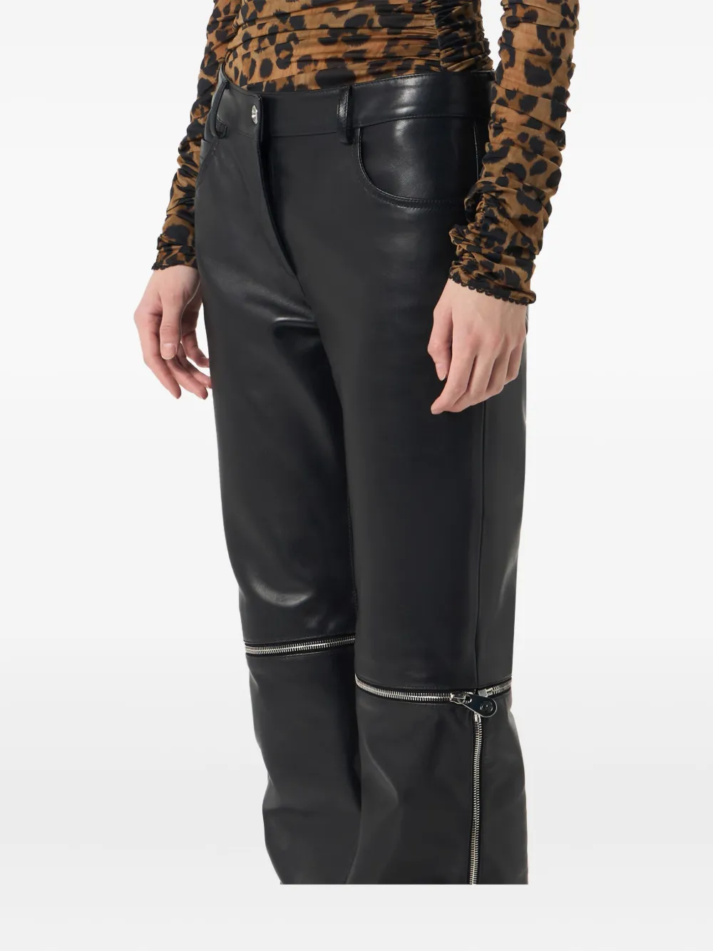 Blumarine Leren broek met ritsdetail Zwart