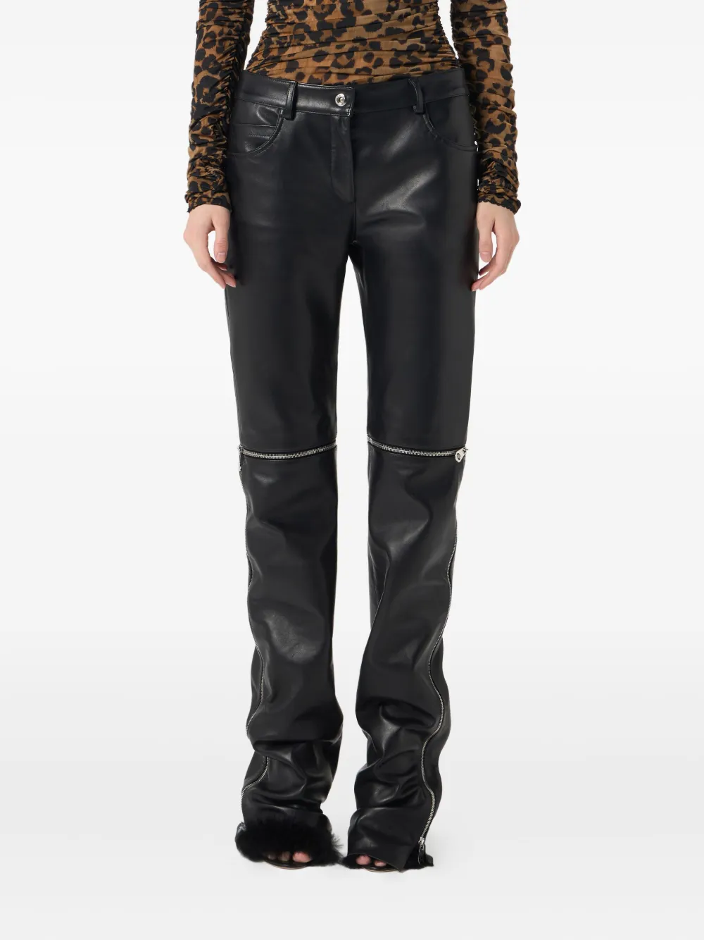 Blumarine Leren broek met ritsdetail Zwart