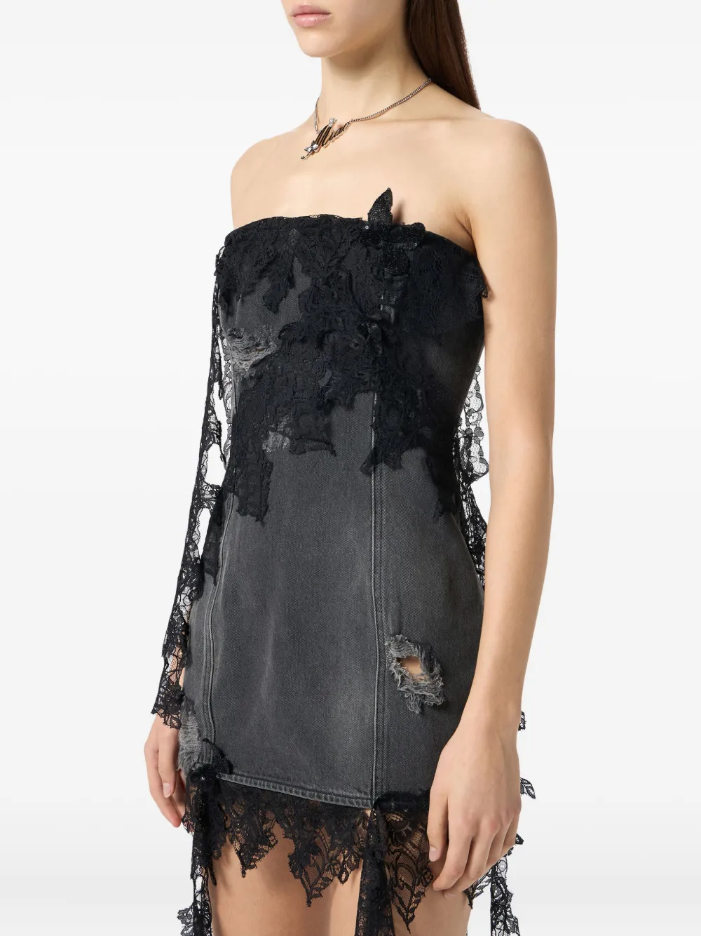 Blumarine Strapless spijkerjurk met kanten afwerking Grijs