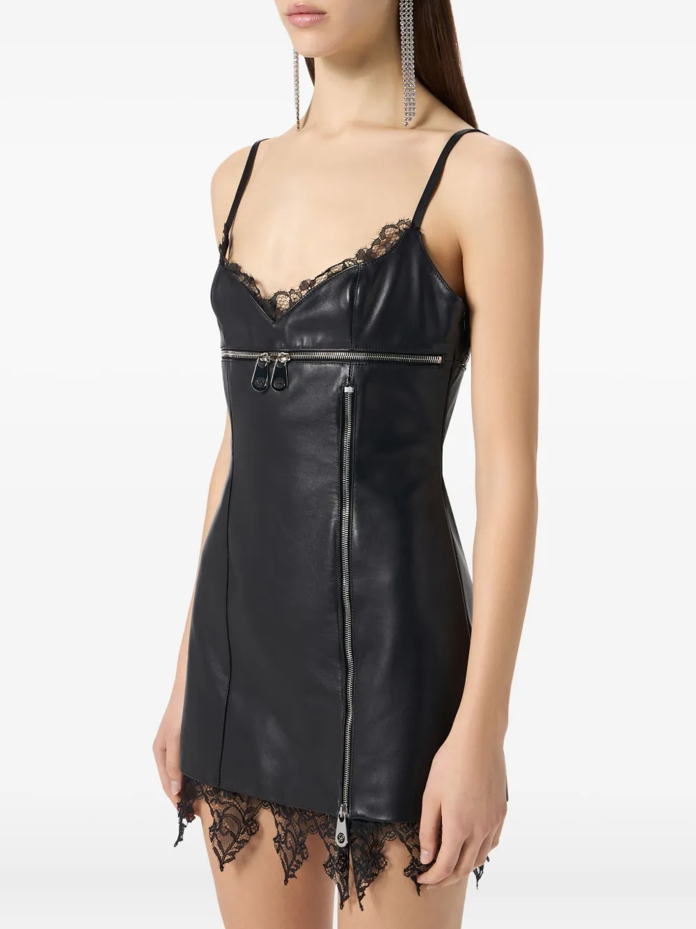 Blumarine Leren jurk met afwerking van kant Zwart