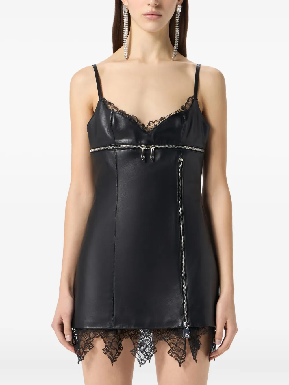Blumarine Leren jurk met afwerking van kant Zwart