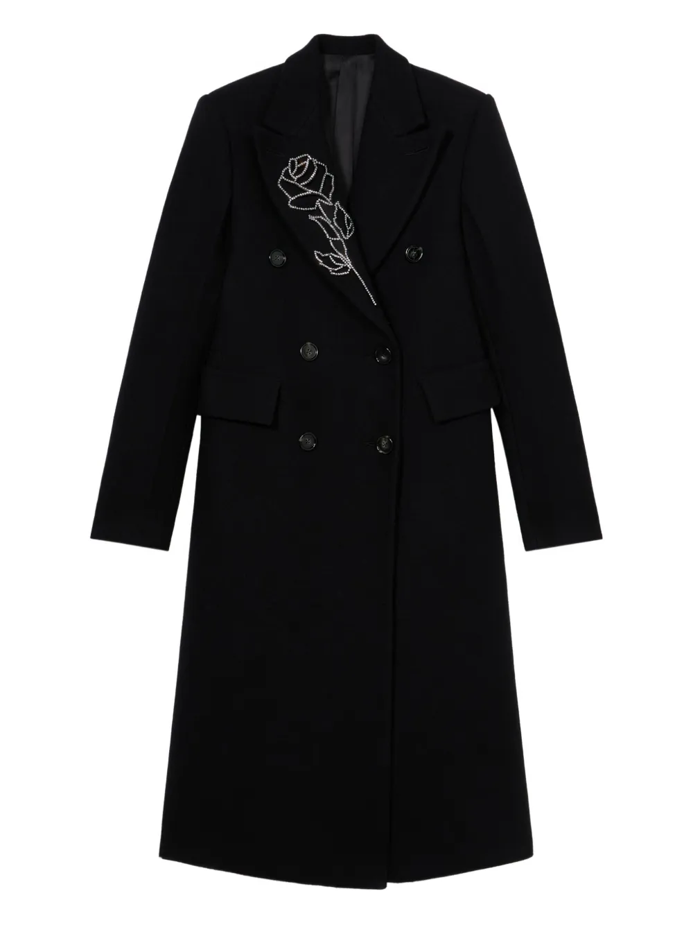 Blumarine Double-breasted Floral-embroidered Coat In Black