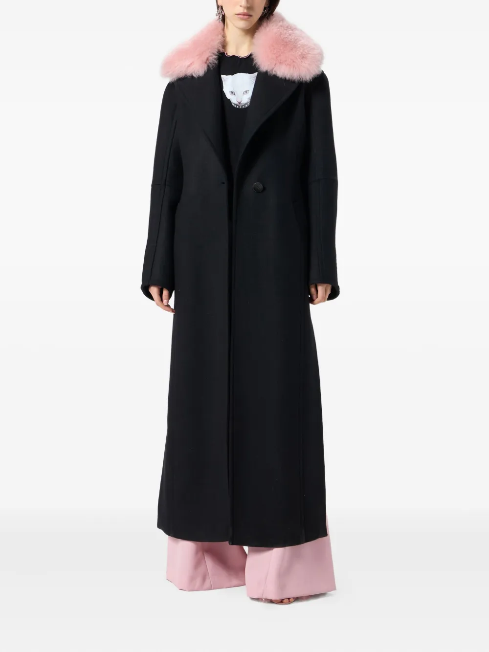 Blumarine Long Coat With Faux Fur Collar In Black