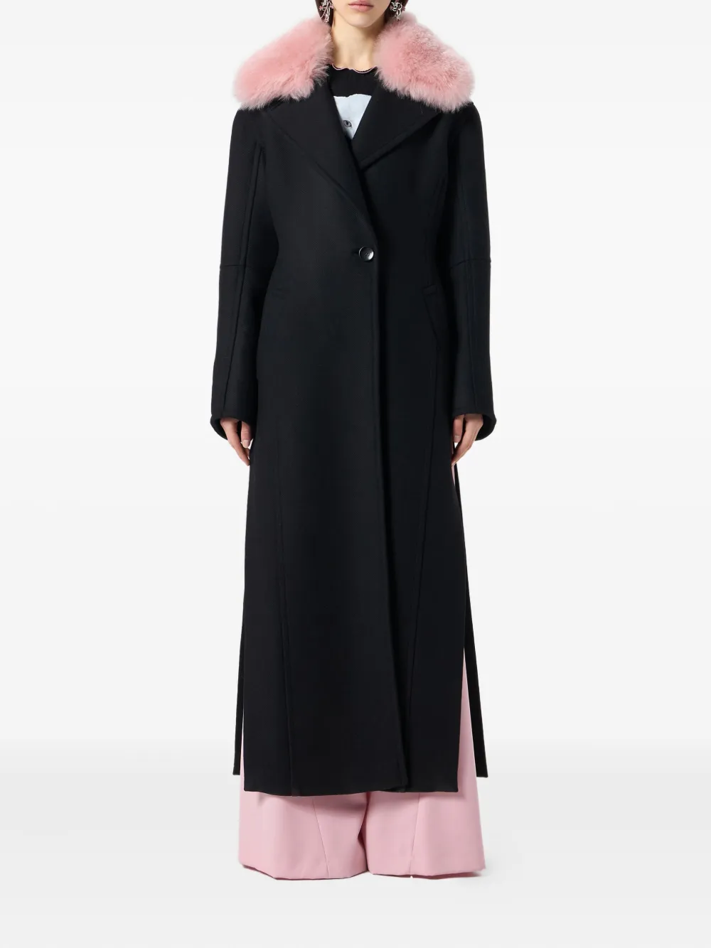 Blumarine Long Coat With Faux Fur Collar In Black