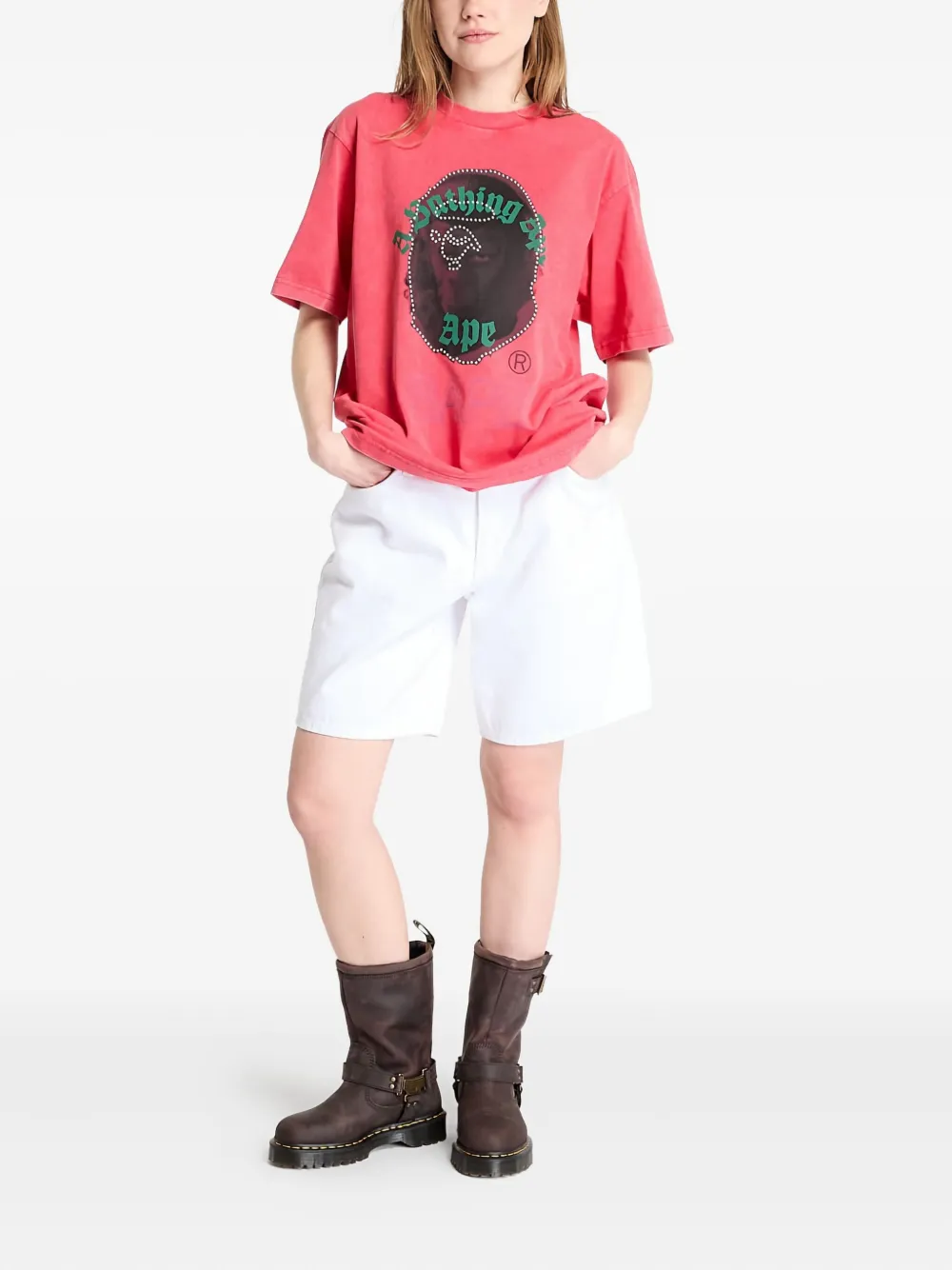 A BATHING APE Head T-shirt verfraaid met stras Rood