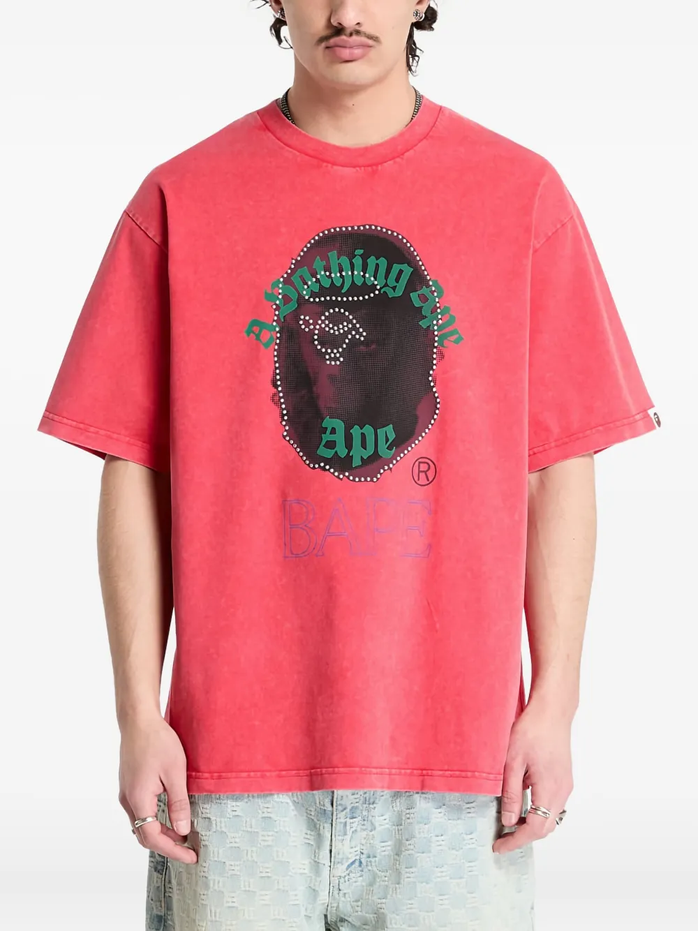 A BATHING APE Head T-shirt verfraaid met stras Rood
