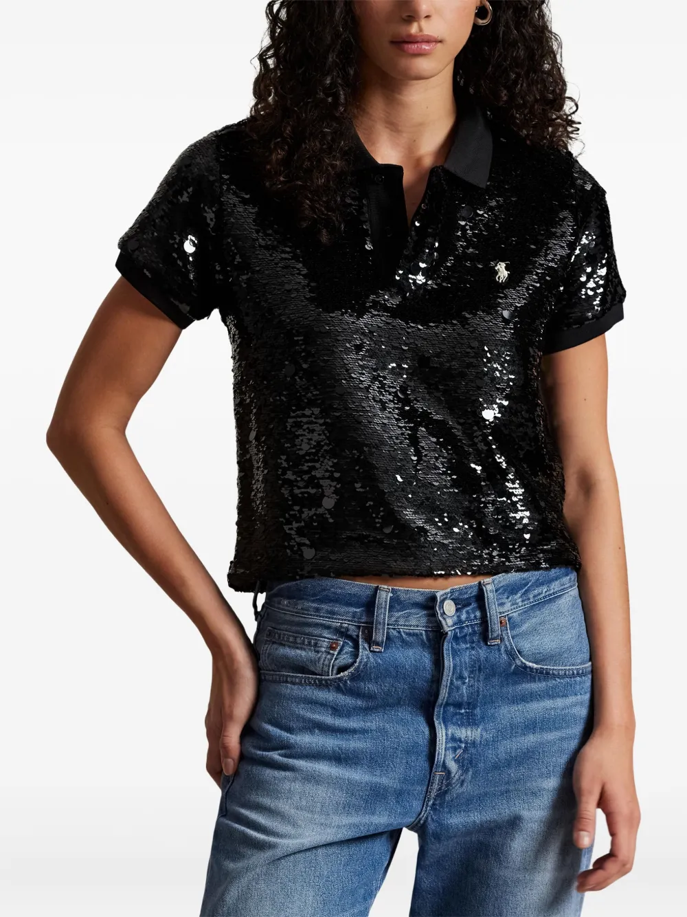 Polo Ralph Lauren Sequin Short-sleeve Polo Shirt In Black