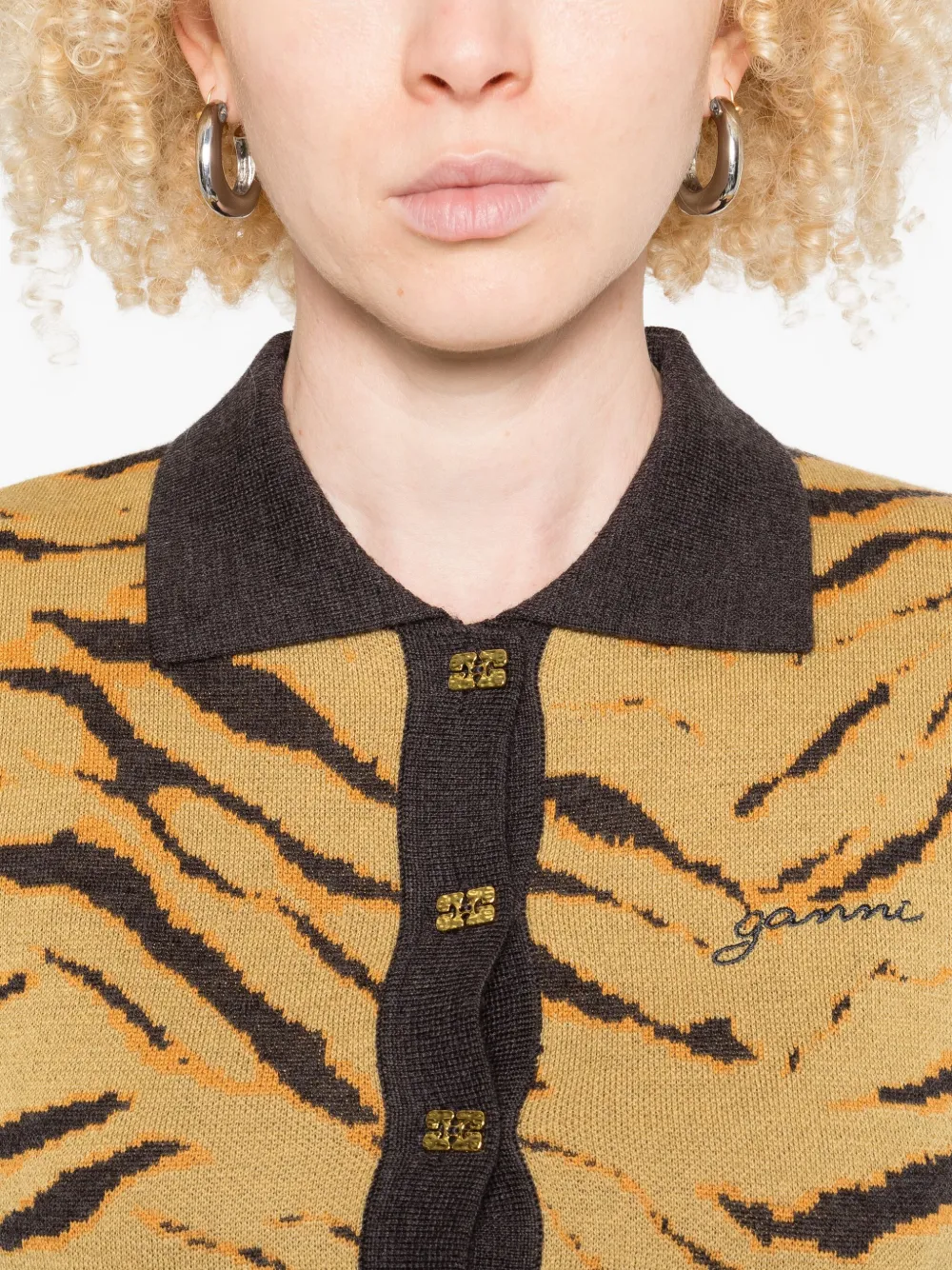 Ganni Jacquard Polo Shirt In Merino Wool In Neutral