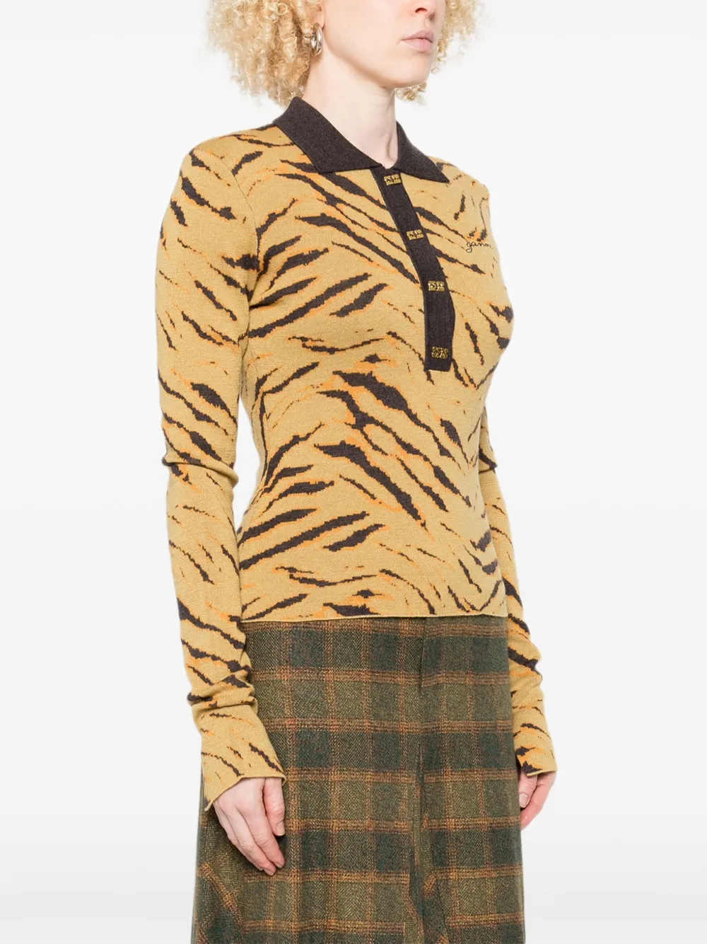 GANNI zebra-print polo top Beige