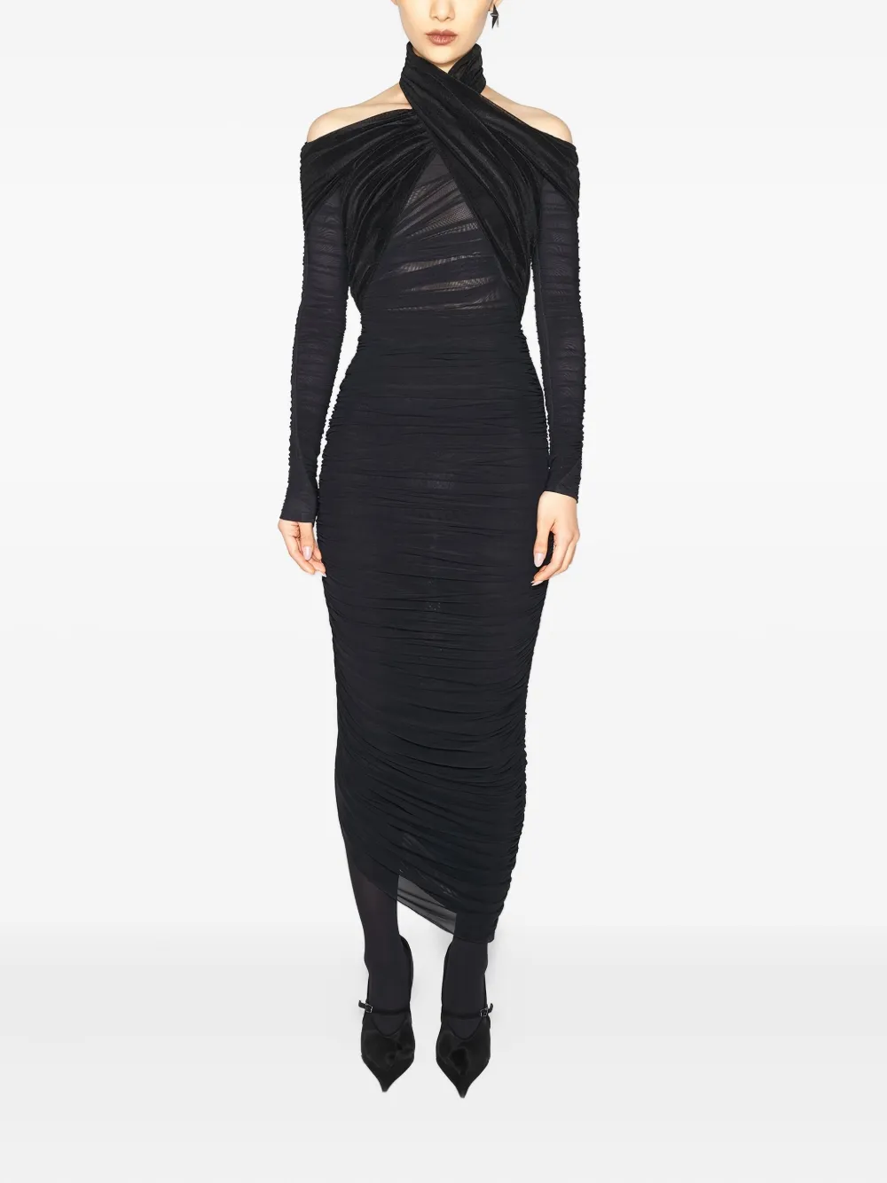 Mugler cross-neckline draped midi dress Zwart