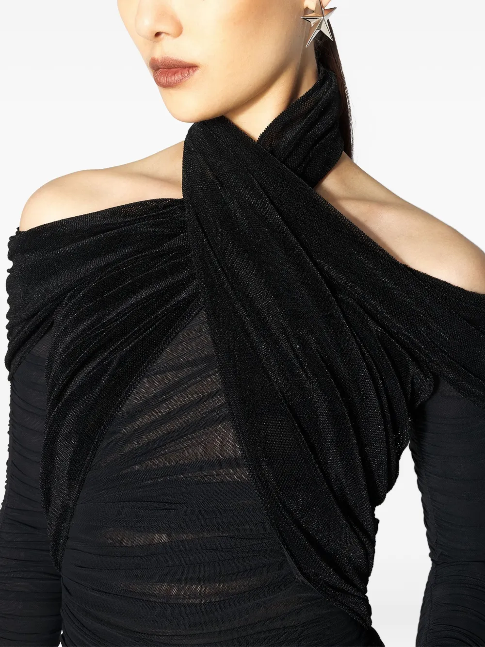 Mugler cross-neckline draped midi dress Zwart