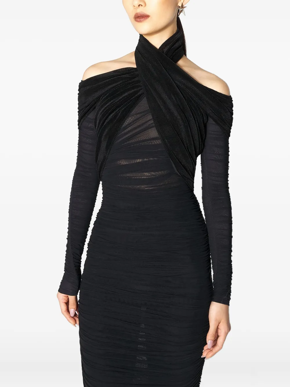 Mugler cross-neckline draped midi dress Zwart