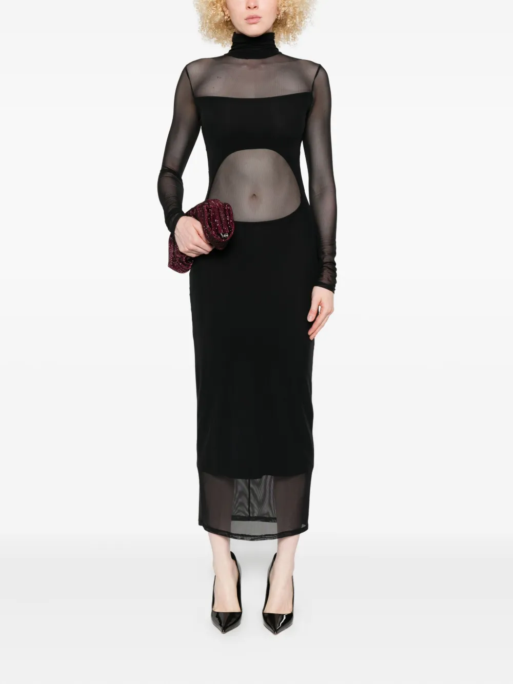 Mugler Maxi-jurk met mesh en hoge hals - Zwart