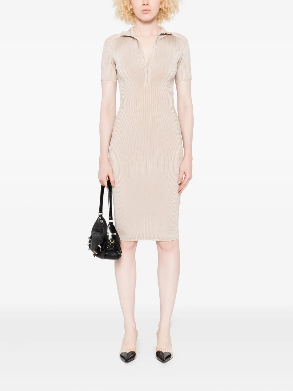 Mugler Ribgebreide midi-jurk met haak en oog - Beige