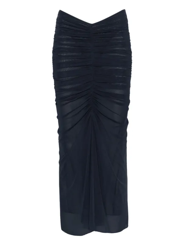 Mugler Ruched Mesh Midi Skirt in Blue