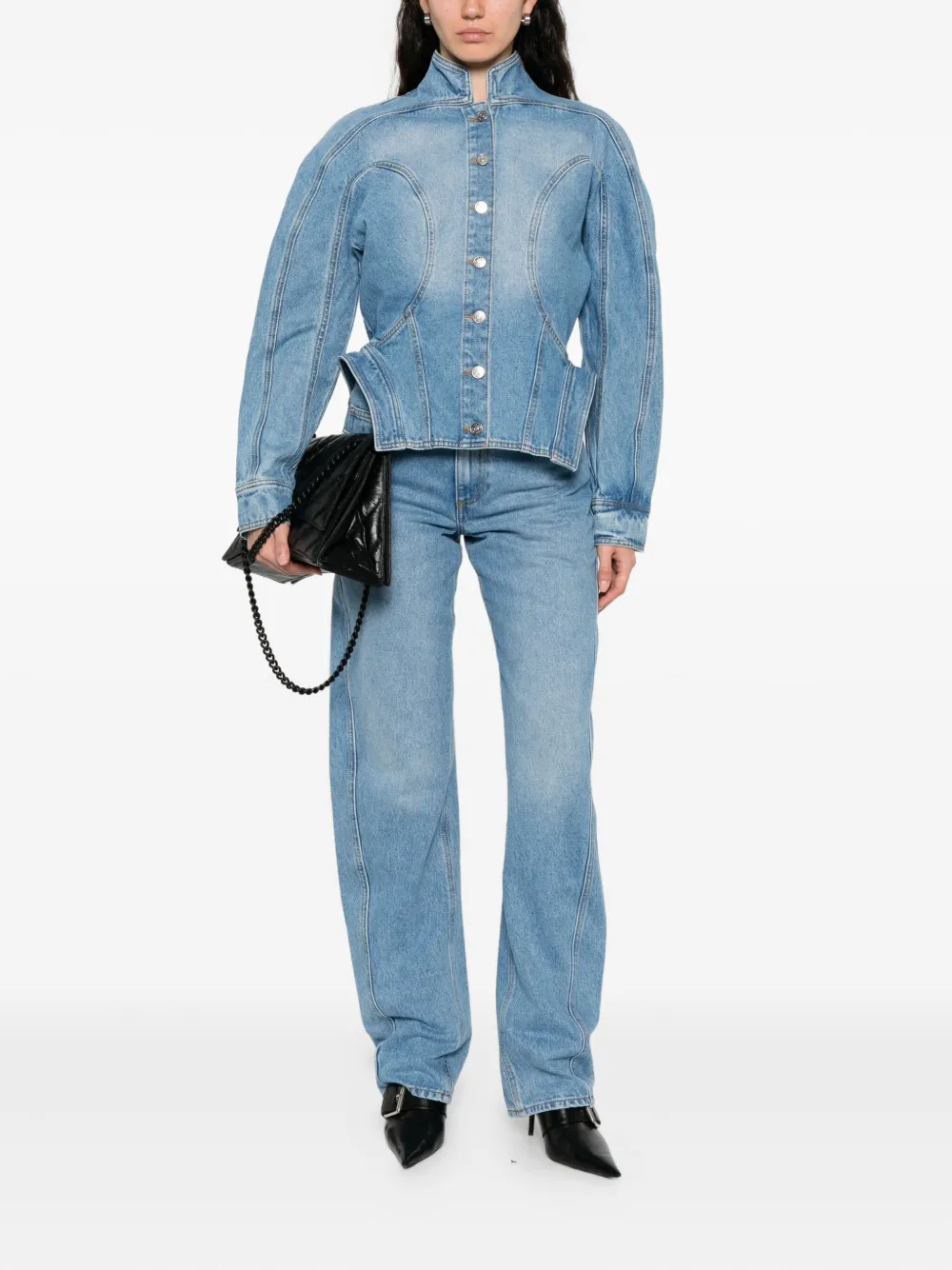 Mugler Cinched Button-fastening Denim Jacket In Blue