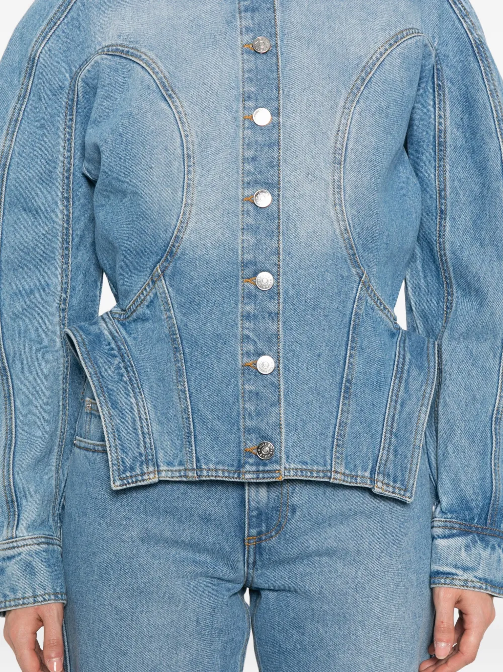 Mugler Cinched Button-fastening Denim Jacket In Blue