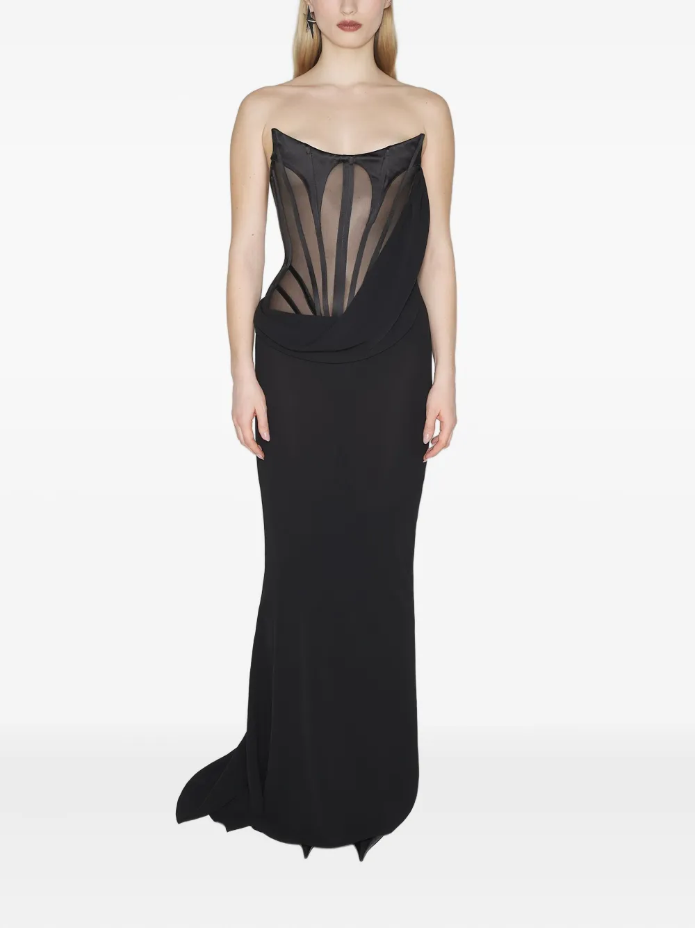 Mugler Corset Draped Maxi Dress In Black